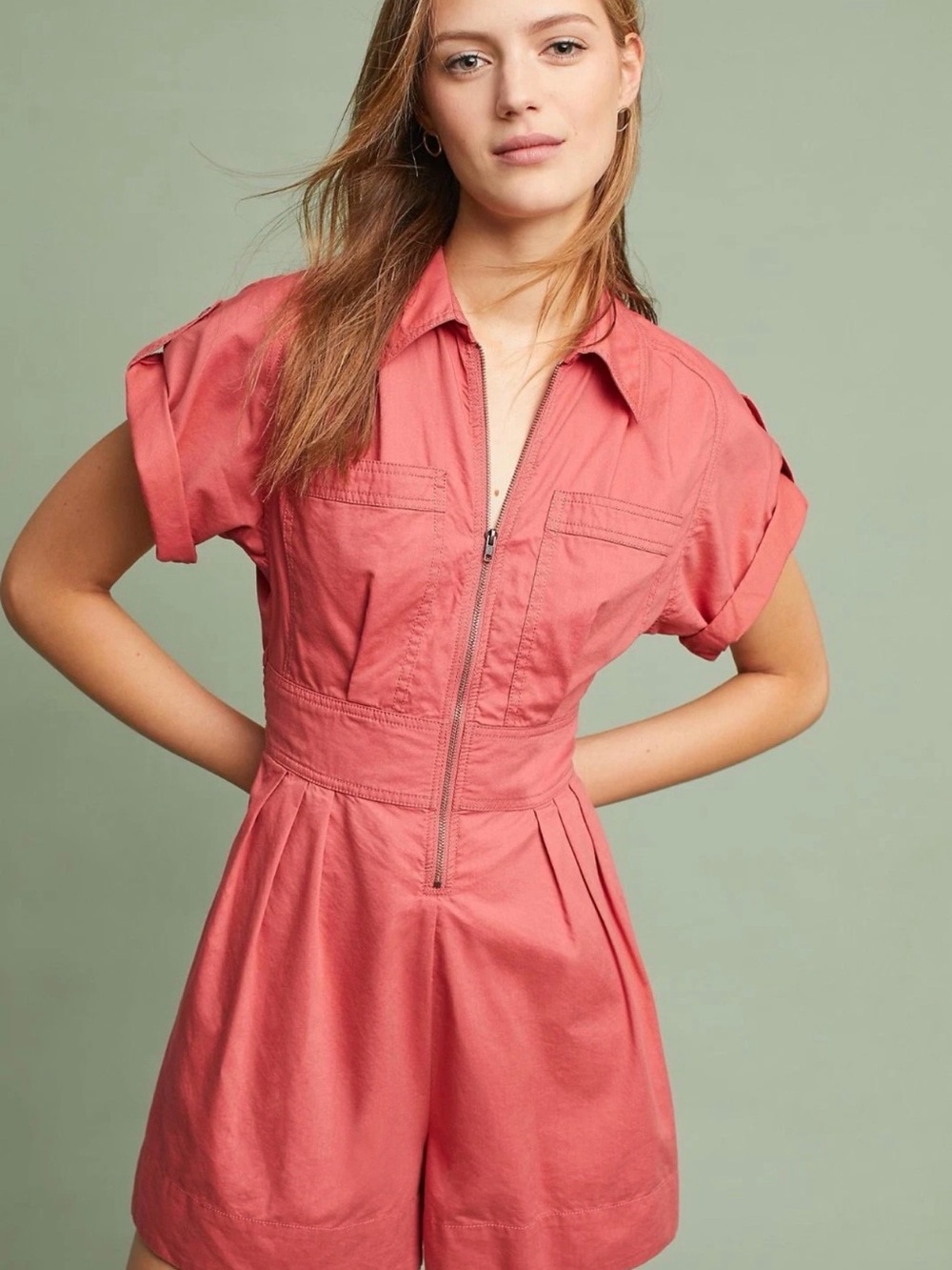 Anthropologie Holding Horses Utility Jumpsuit Sz 2 Muted Red Pink Cotton Lyocell